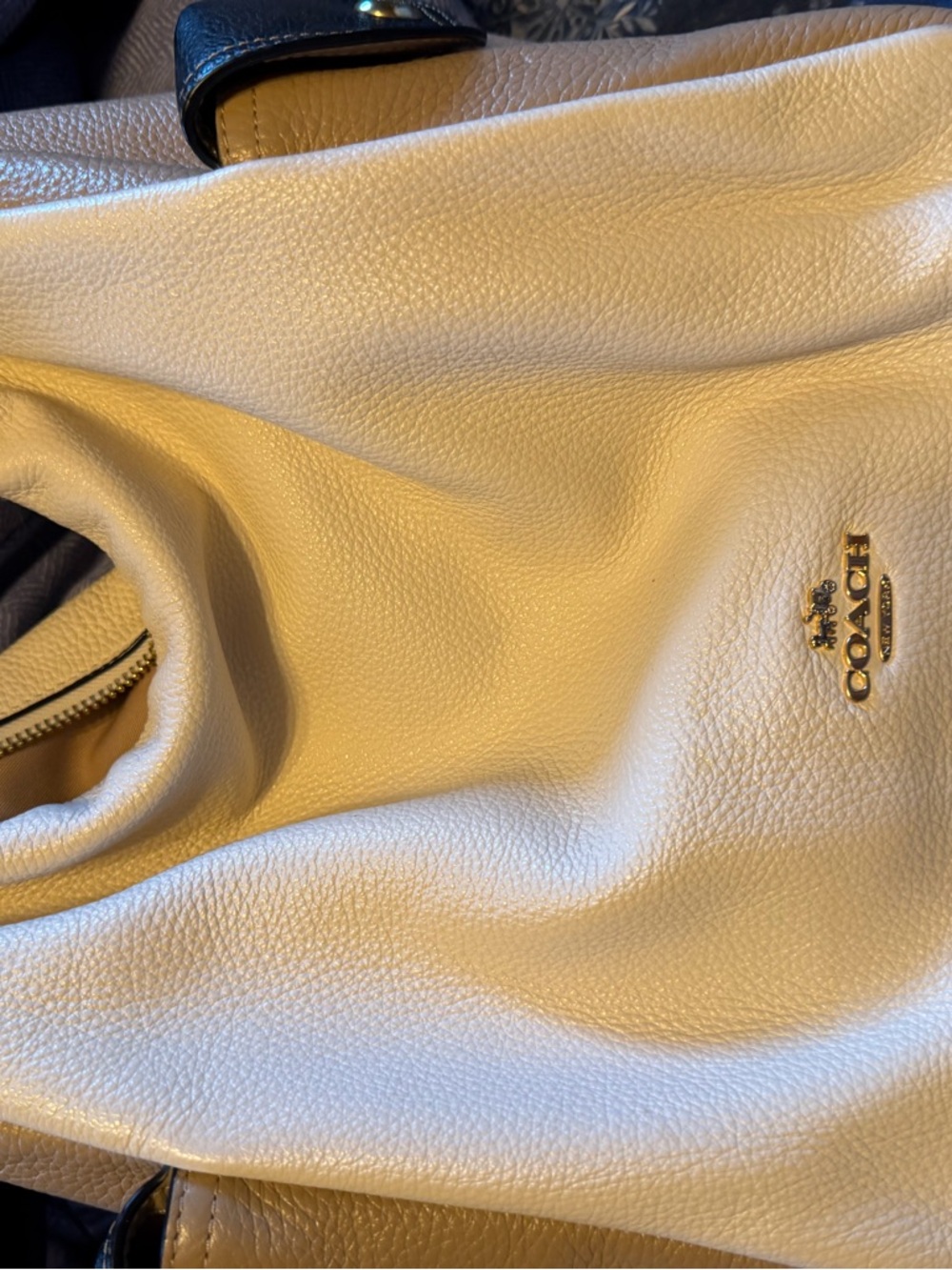 COACH Pebbled Leather Shoulder Bag in Cream with Black Trim